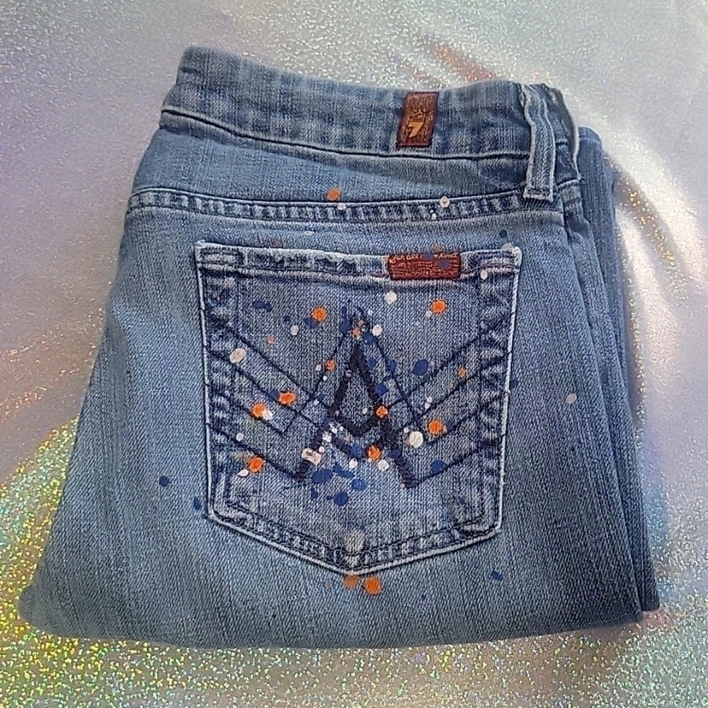HTF Y2K 7 for all Mankind Paint Spattered A-Line Jeans Low Rise SZ:28